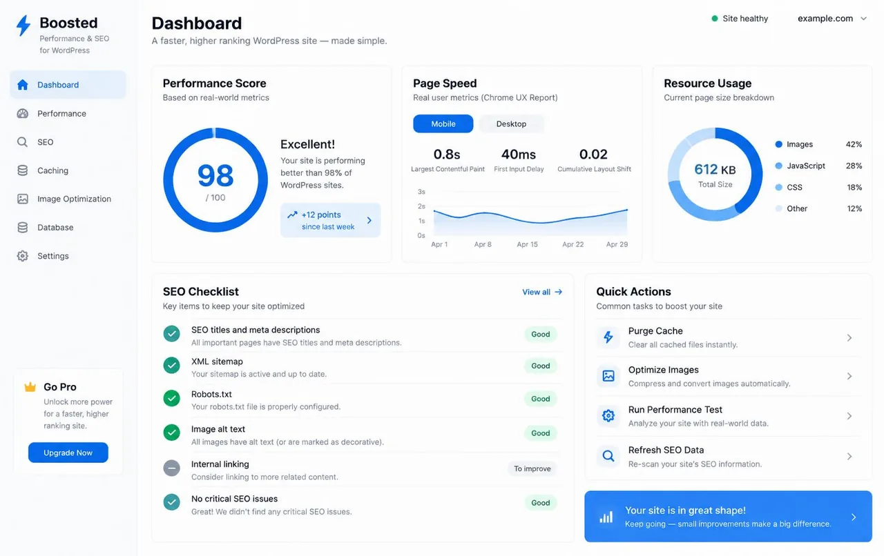 Boosted plugin dashboard showing performance score and SEO checklist