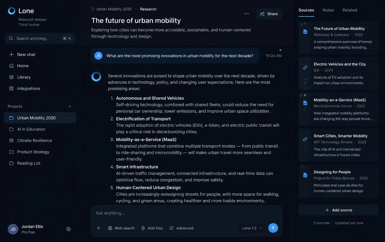 Lone desktop application with AI research conversation and sources